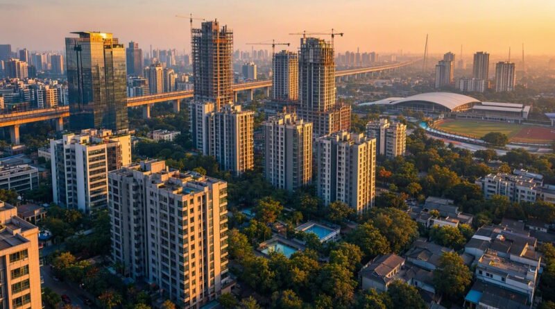Pune property prices 2026 - AI-generated aerial view of Pune skyline at golden hour showing modern residential towers, under-construction buildings, and Metro corridor