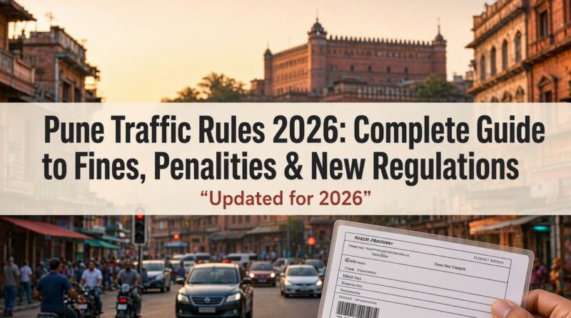 Pune traffic rules 2026 - busy Pune street with cars and two-wheelers at golden hour, with a traffic challan receipt in the foreground