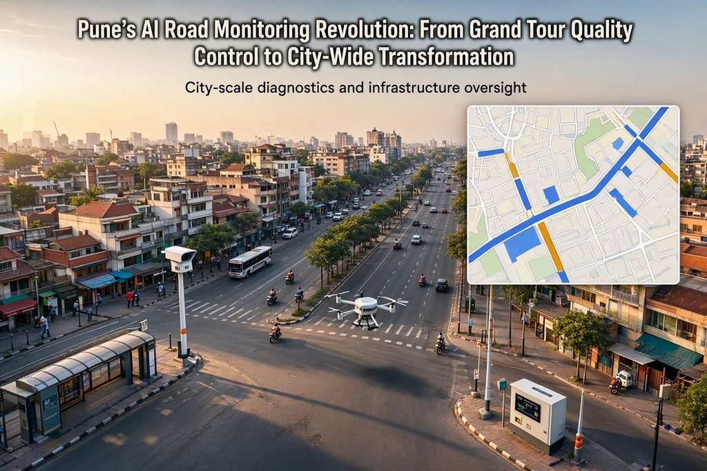 Aerial view of Pune city with a GIS route map overlay showing monitored road corridors for the Pune Grand Tour cycling event