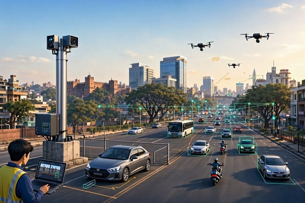 Pune AI road monitoring engineer in Pune with holographic displays showing road condition data, surveillance camera and drones flying over city streets