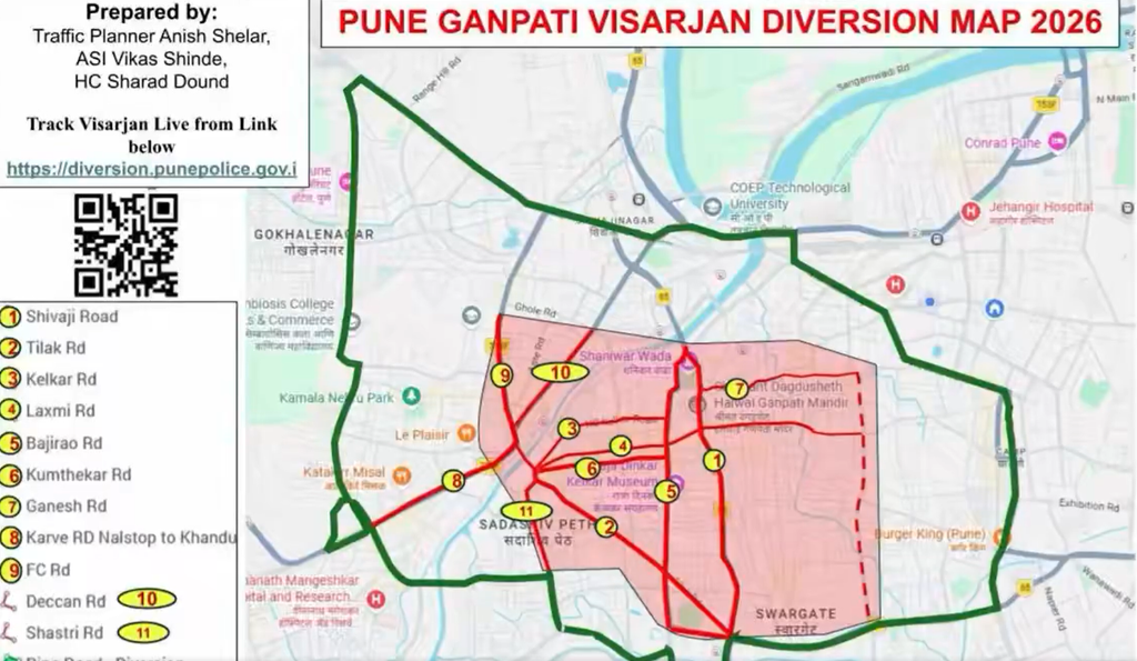 Pune Ganpati Visarjan traffic diversion map 2026 showing closed roads and Ring Road route