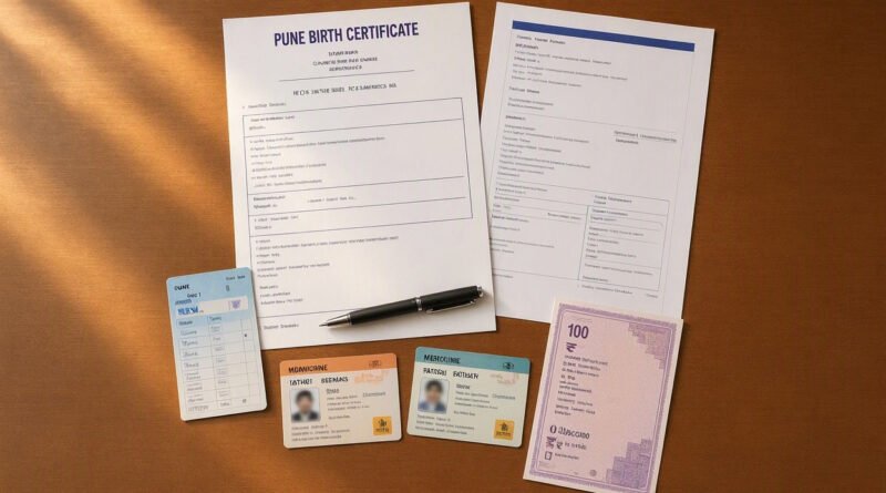 Documents including a hospital discharge summary, Aadhaar cards, and an affidavit arranged on a desk for applying for a Pune birth certificate.