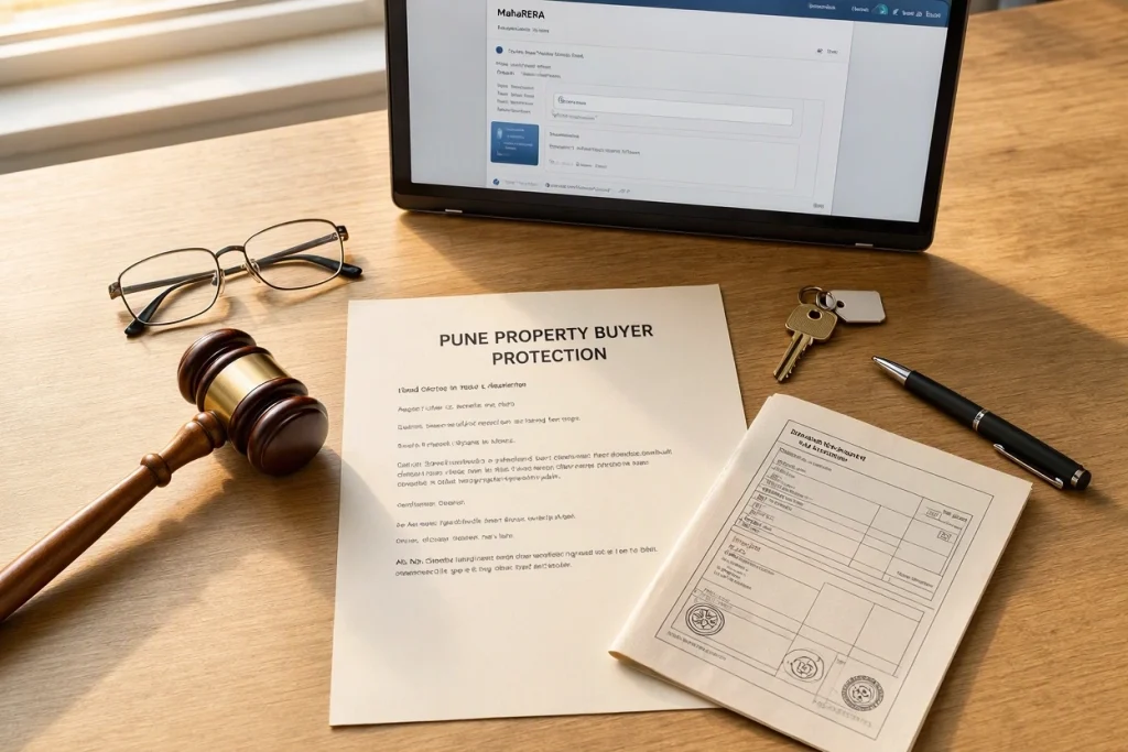 A desk with legal property documents, a pen, and a laptop, representing the essential steps to avoid a Pune property scam.