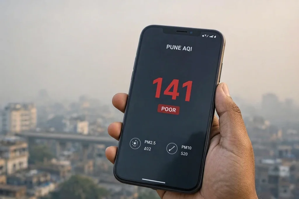 A smartphone screen showing a red AQI reading of 141 for Pune AQI, held against a blurred background of a hazy cityscape.