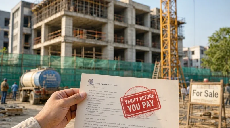 A person holding a property document with a red "Verify Before You Pay" stamp, highlighting the importance of Pune property buyer protection against fraud.