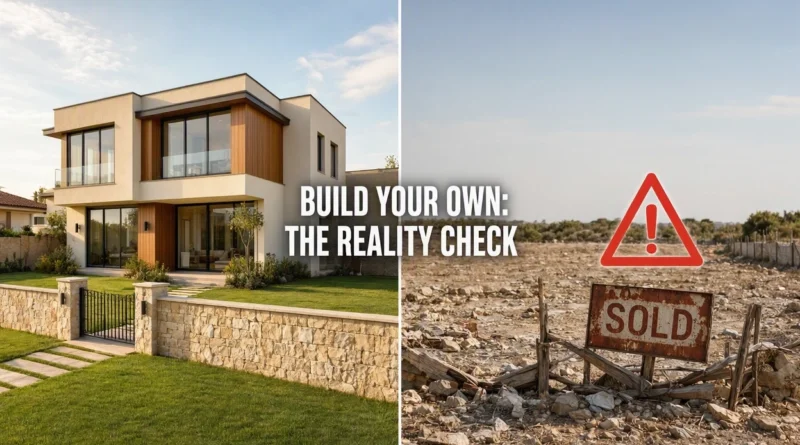 A split-screen image showing a completed villa on the left and a barren plot with a warning sign on the right, representing the risks of buying land in Pune.