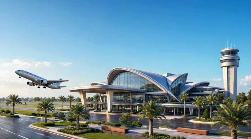 Modern architectural rendering of the new Purandar International Airport terminal building, runway, and air traffic control tower.