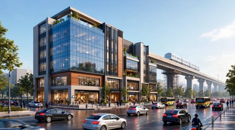 Architectural rendering of the commercial complex Pristine iLIFE Wagholi, showing office spaces, retail shops, and the nearby metro construction.