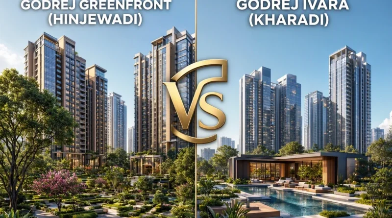 A split-screen architectural rendering comparing the green township of Godrej Greenfront vs Godrej Ivara, showing the Hinjewadi towers on one side and the Kharadi urban development on the other.