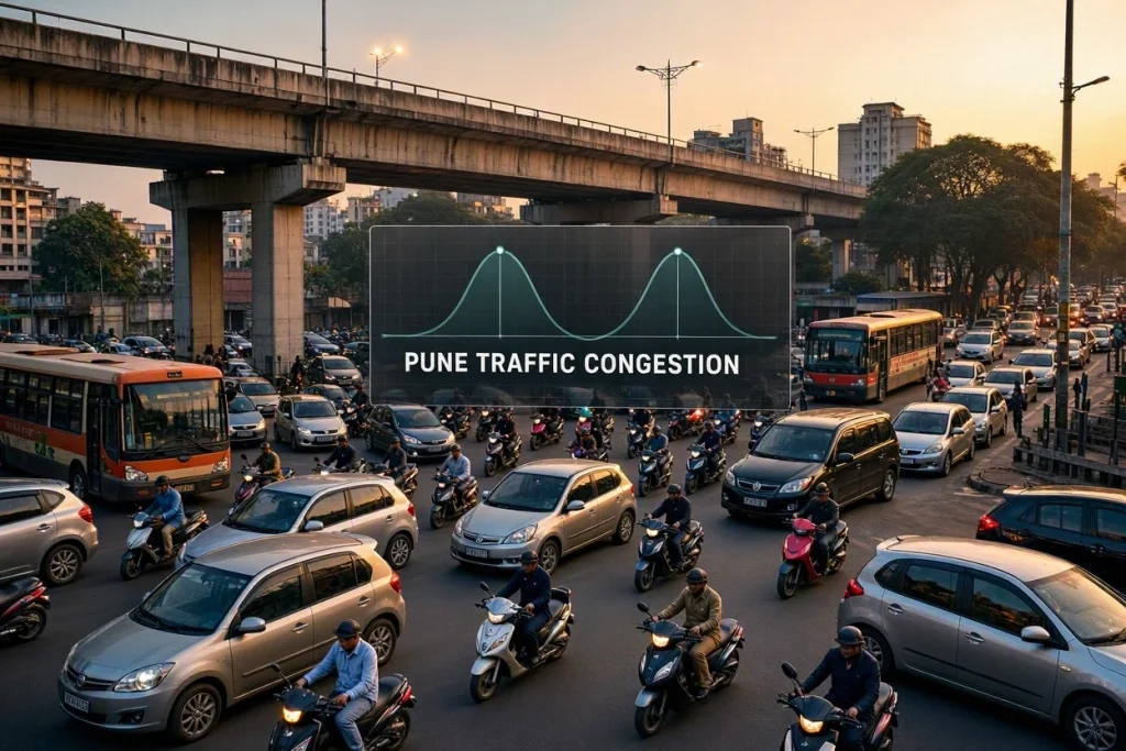 A busy Pune intersection with heavy traffic, overlaid with the text "PUNE TRAFFIC CONGESTION" and a graph showing staggered timings.