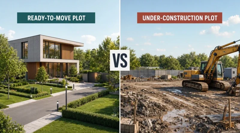 A split-screen comparison of a ready-to-move plot with roads and infrastructure versus a raw under-construction plot, illustrating the difference in ready-to-move vs under-construction plots.