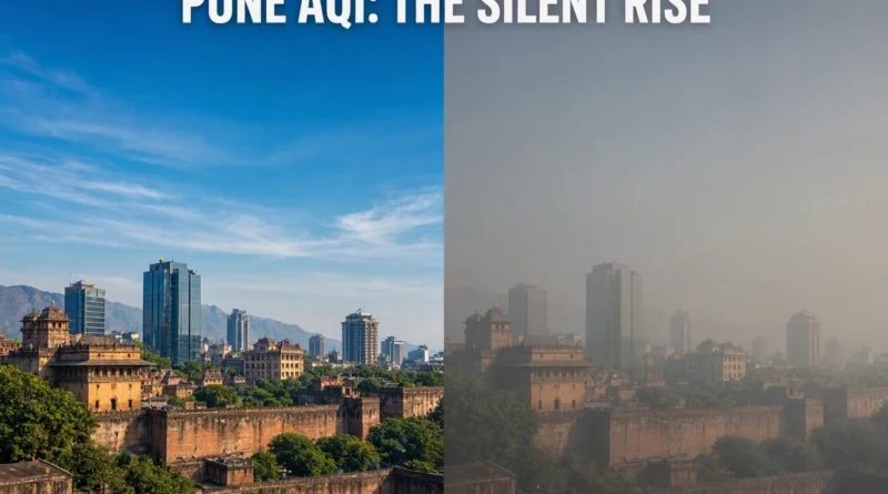 A split-screen image showing clear skies over Pune compared to a hazy, smog-filled view, highlighting the rise in Pune AQI.
