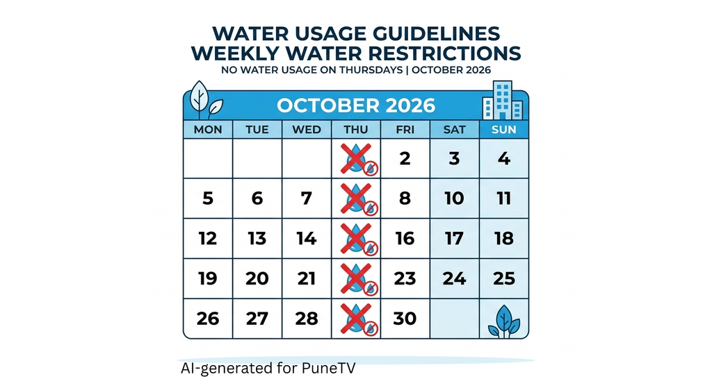 Pune water cut calendar for October 2026 showing no water usage on every Thursday.