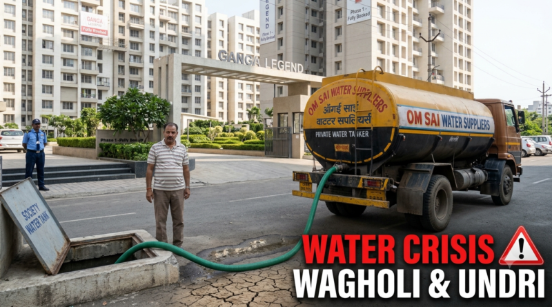 A water tanker supplying a housing society with the text "WATER CRISIS: WAGHOLI & UNDRI" overlaid, highlighting the Wagholi and Undri water crisis.