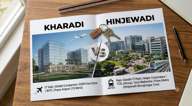 A split-screen document comparing Kharadi vs Hinjewadi, featuring office buildings, a metro train, and house keys to help IT professionals choose where to buy a flat.