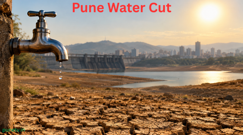 Pune water cut: A dripping tap on dry, cracked earth with Khadakwasla dam and Pune city skyline in the background.