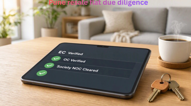 A tablet displaying a completed digital checklist for Pune resale flat due diligence, showing EC, OC, and Society NOC cleared next to house keys.