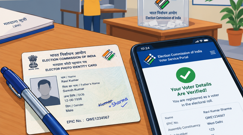 A printed document with a green checkmark and a smartphone showing a verified screen, representing the voter list correction process for the Pune MLC Election 2026.